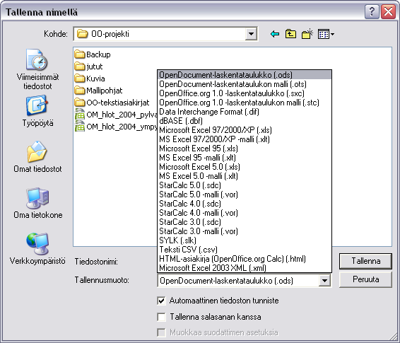 - 179 OpenOffice.org 1.0 -laskentataulukko (*.sxc) OpenOffice.org 1.0 -laskentataulukon malli (*.stc) Microsoft Excel 97/2000/XP (*.xls) Microsoft Excel 2003 XML (*.