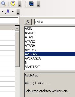 - 195 jestyksessä kaikki funktiot (kuvassa numero 1), ja luettelosta on valittu keskiarvofunktion AVERAGE kuvaus. Ruudun saa piilotettua toistamalla saman toiminnon Lisää -> Funktioluettelo.