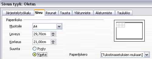 - 214 - Tulostukseen voidaan valita samalla kertaa useita taulukoita pitämällä Ctrl-näppäin pohjassa ja napsauttamalla useita taulukonvalitsimen välilehtiä. 4.24. Miten tulostan taulukon vaakasivulle?