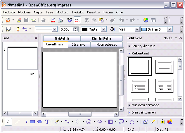 - 220 5. ESITYSGRAFIIKKA - OPENOFFICE IMPRESS 5.1. Millainen on esitysohjelman käyttöliittymä? Esitysohjelman käyttöliittymän yleisnäkymä on oheisen kuvan mukainen.