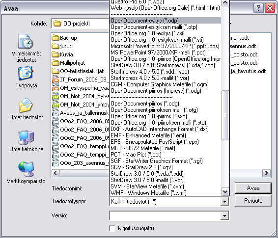 - 227 Oletustiedostomuodon lisäksi OpenOffice Impress avaa aiemman version (OpenOffice.org 1.x) tiedostomuodot (tiedostotarkenteet *.sxi ja *.