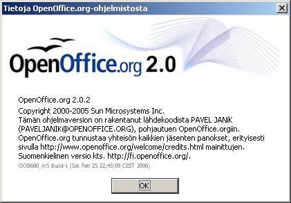 - 17 - Edellistä tarkemman versiotiedon saa OpenOfficessa toimenpiteellä Ohje -> Tietoja OpenOffice.org-ohjelmistosta. Esimerkin kuvassa tarkka versionumero on 2.0.2. Näytöltä poistutaan painikkeesta OK.