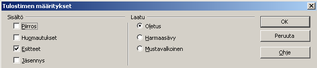 - 241-1 2 Kun esitteiden asemointitapa on valittu, käynnistetään tulostus toiminnolla toiminnolla Tiedosto -> Tulosta ja valitaan aukeavasta tulostusikkunasta painonappi Asetukset (kuvassa nro 1).