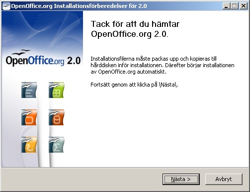 - 42 (3) Avautuu näyttö "Tack för att du hämtar OpenOffice.org 2.0". Jatka painikkeesta Nästa. (4) Avautuu näyttö "Välj mapp".