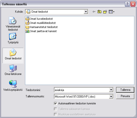 - 49 mutta Microsoft Word 97/2000/XP on yleisin tallennusmuoto ja siksi tavallisin valinta. Vastaavalla menettelyllä asetetaan tallennusmuodot myös laskentataulukoille ja esityksille.