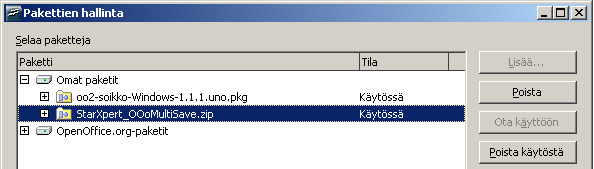 - 60 - (2) Napsauta plusmerkistä (+) näytön riviä Omat paketit, jolloin omien pakettien luettelo avautuu. (3) Napsauta omien pakettien luettelosta StarXpert_OOoMultiSave.