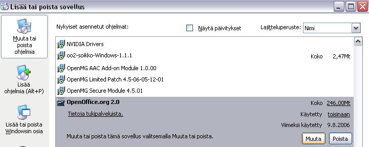 - 62 Kirjaudu tietokoneelle järjestelmänvalvojan oikeuksilla ja käynnistä kaksoisnapsauttamalla Windowsin ohjauspaneelista toiminto Lisää tai poista sovellus.