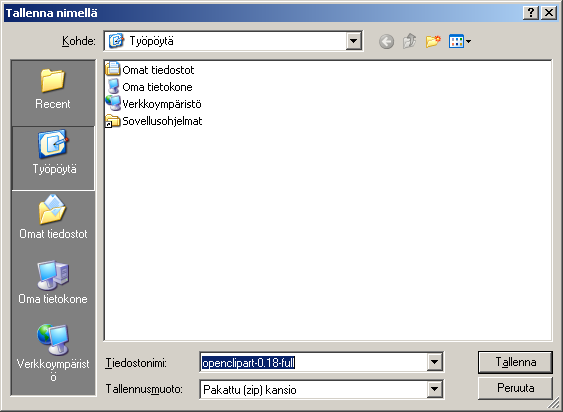 - 76 ZIP-tiedoston lataaminen on alkamassa. Valitse Tallenna. Valitse ZIP-tiedoston tallennuspaikka. Esimerkissä tiedosto tallennetaan oletusarvona Windows-työpöydälle nimellä openclipart-0.18-full.