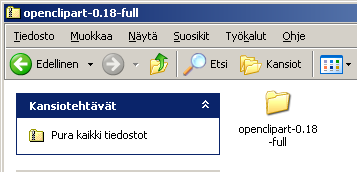 - 77 - Lataamisen jälkeen on vuorossa pakatun ZIP-tiedoston aukipurkaminen. Esimerkkitapauksessa ZIP-tiedosto on Windows-työpöydällä nimellä openclipart-0.18-full.zip.