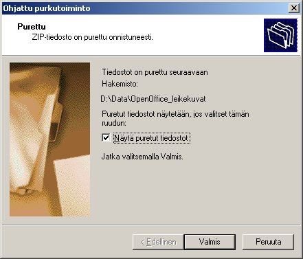 - 79 - Purkaminen on tehty, esimerkkikuvassa tallennuspaikaksi oli valittu edellä kansio D:\Data\OpenOffice_leikekuvat. Napsauta painiketta Valmis.