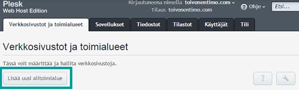 14 2.7 Alitoimialueen lisääminen Alitoimialueella tarkoitetaan varsinaisen verkkotunnuksen alla olevaa verkkotunnusta. Esimerkiksi kauppa.asiakas.fi 
