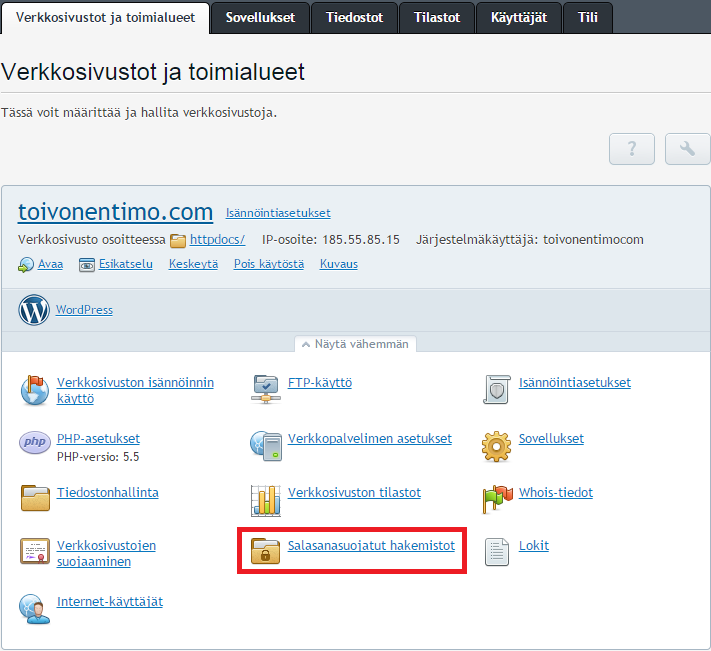 8 2.5 Hakemiston salasanasuojaus Salasanasuojatun hakemiston lisäys onnistuu helpoiten Webhotellin portaalin kautta. 1.