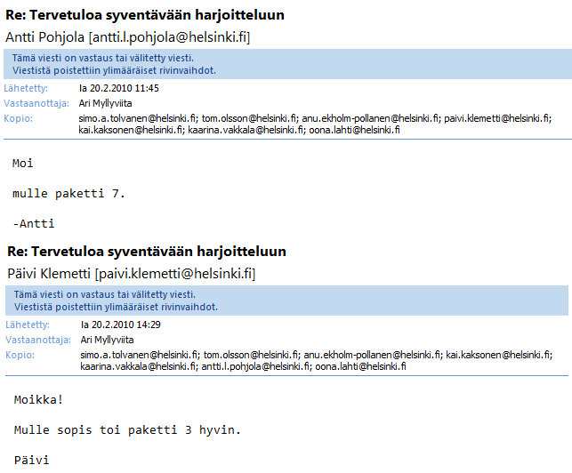 36 (79) - ohjaavan opettajan lukujärjestykset harjoittelujaksolla Viestin liitteenä olivat myös harjoittelutunnit jo valmiiksi jaettuina neljän tunnin paketteihin pohjatunteja myöten (viestin yksi