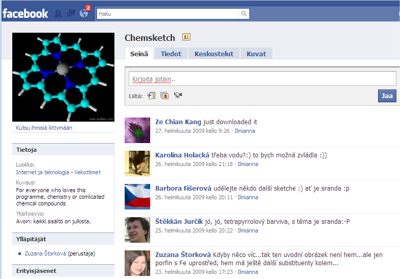 55(79) Kuva 24: Kemianluokka Gadolinin Facebook-sivusto Vastaavasti on jo olemassa kemian opetuksessa hyödynnettävän ChemSketch - mallintamisohjelman