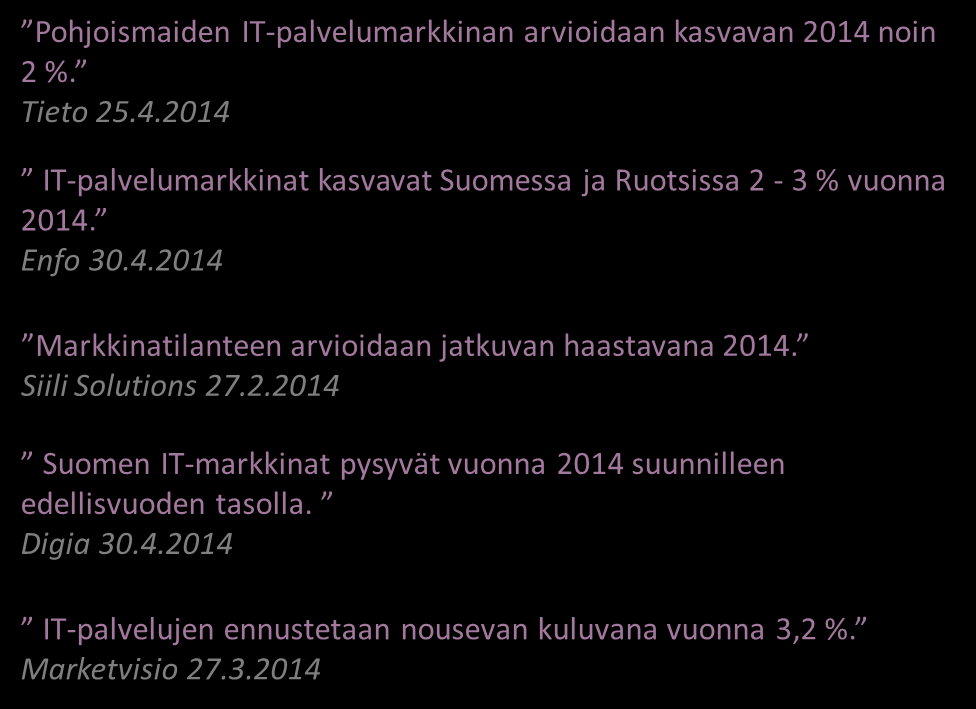 3.2 Markkinan kasvunäkymät Marketvisio arvioi markkinan kasvavan 3,2 % tänä vuonna IT-yhtiöiden arviot markkinan näkymistä ovat varovaisia Markkinatutkimusyhtiö Marketvisio arvioi Suomen