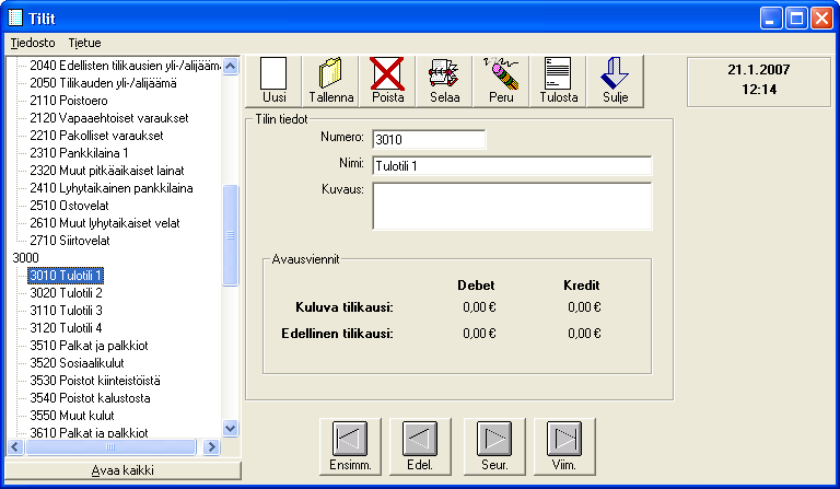 Luku 3 Tilit Taseri kirjanpidossa tilikartta on vapaasti muokattavissa.tilikartan muokkaus aloitetaan perustamalla tilit. Tilien perusteella luodaan myöhemmin tuloslaskelma ja tase.