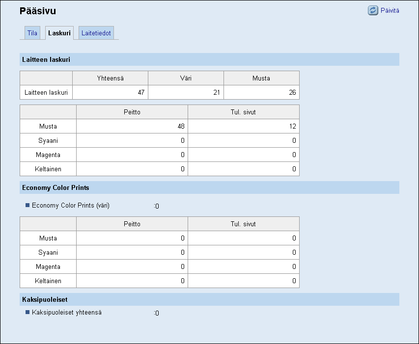Järjestelmätietojen tarkistaminen Laitteen laskuri Tieto Laitteen laskuri Musta Syaani Magenta Kuvaus Näyttää seuraavat tiedot tulostetuista sivuista (mukaan lukien luettelot ja raportit): Sivujen
