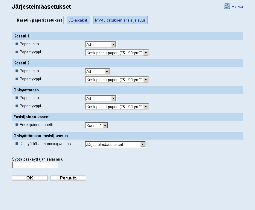 6. Tulostimen valvonta ja konfigurointi Järjestelmäasetusten määrittäminen Järjestelmäasetusten määrittämiseen käytettävän sivun saa näkyviin napsauttamalla [Järjestelmäasetukset]-painiketta.