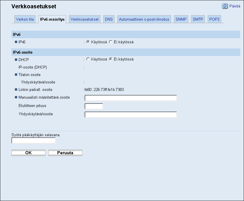 Verkkoasetusten määrittäminen Tieto Yhdyskäytävä Kuvaus Syötä verkon yhdyskäytävän IPv4-osoite.