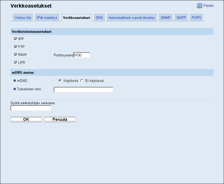 6. Tulostimen valvonta ja konfigurointi Tieto Linkin paikall. osoite Manuaalisti määritettävä osoite Kuvaus Näyttää tulostimen linkin paikallisen osoitteen.