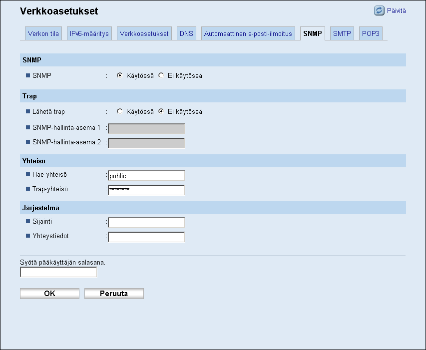 Verkkoasetusten määrittäminen Sähköposti-ilmoitus 1/Sähköposti-ilmoitus 2 Tieto Kuvaus Näytettävä nimi Syötä sähköposti-ilmoituksen lähettäjän nimi. Voi sisältää enintään 32 merkkiä.