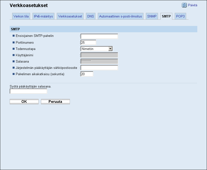 Verkkoasetusten määrittäminen SMTP Tieto Kuvaus Ensisijainen SMTP-palvelin Syötä SMTP-palvelimen IP-osoite tai isäntänimi. Voi sisältää enintään 64 merkkiä.