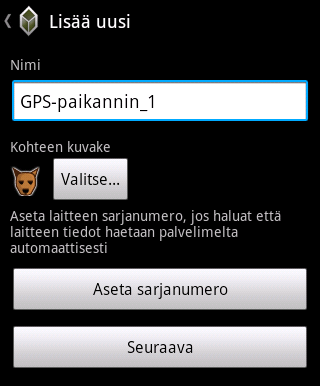 2. Valitse S SASeuraava ja jatka rekisteröintiä Kirjoita koirasi nimi siinä muodossa, jossa haluat nähdä sen näytöllä. Voit vaihtaa nimen myöhemmin koiran asetuksissa.