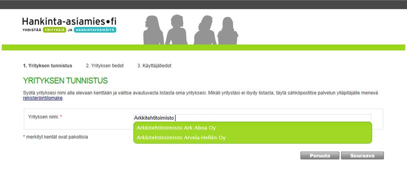 Rekisteröidy osoitteessa: http://www.hankintaasiamies.fi/vs/rekisterointi/ Rekisteröityminen palveluun tapahtuu seuraavasti: Yllä olevan kuvan vasemman sarakkeen tekstin alla on Rekisteröidy linkki.