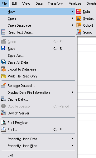 SPSS 21 -ohjelman päävalikot ja työkalut File tiedostojen avaaminen, tallennus, tulostus Datatiedoston avaaminen Syntaksin avaaminen Output-tiedoston avaaminen Tallentaminen Tekee tiedostosta Vain