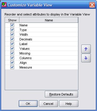 View ikkunan näkymä Näyttää arvojen selitteet data-ikkunassa Avaa Variable View -näkymän Variable View -näkymän