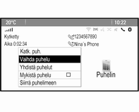 Puhelin 71 Vaihda puhelun välillä valitsemalla Vaihda puhelu. Puhelinneuvottelu Aktivoi molemmat puhelut samanaikaisesti valitsemalla Yhdistä puhelut. Yhdistä puhelut muuttuu muotoon Poista numero.