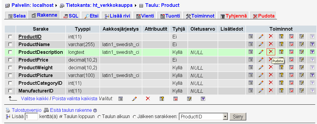 6.1.5. Sarakkeen poistaminen Sarakkeen poistaminen tapahtuu valitsemalla ensin tietokanta, jossa poistettavan sarakkeen taulu sijaitsee.