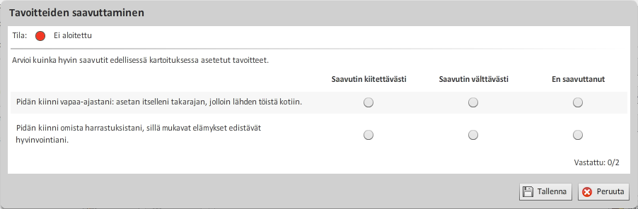 29 3.4.4 Tavoitteet Tavoitekyselyssä asiakas pääsee asettamaan itselleen tavoitteita hyvinvointinsa edistämiseksi. Tavoitteet voidaan valita valmiista listasta.