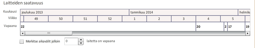 73 4. Laitteiden saatavuuden voit tarkistaa Laitetyyppien alapuolella olevasta kalenterinäkymästä. Voit vierittää kalenteria oikealle, jolloin näet myös tulevien kuukausien varaukset.