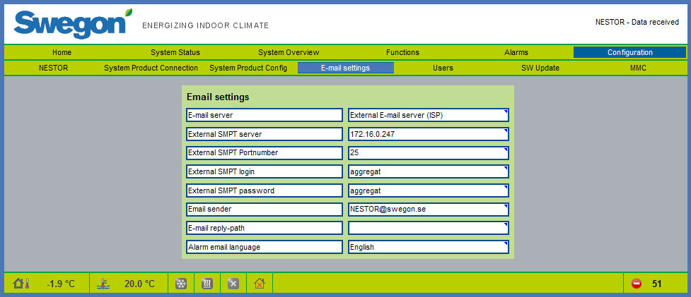 Kuva 22. Sähköpostiasetukset 6.6.4 E-mail settings (sähköpostiasetukset) Hälytysilmoitusten sähköpostiasetukset määritellään tällä sivulla.