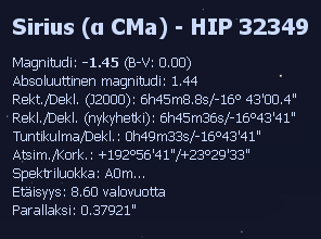 VALITTU TAIVAANKAPPALE Voit valita taivaankappaleita napsauttamalla niitä.