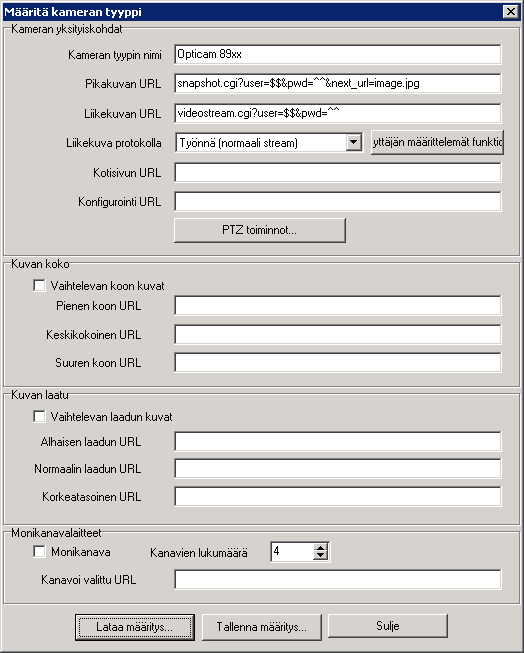 Kameratyyppien määrittely Voit lisätä uusia kameratyyppejä Netcam Watcher Professionaliin käyttämällä Muokkaa kameramäärityksiä komentoa.