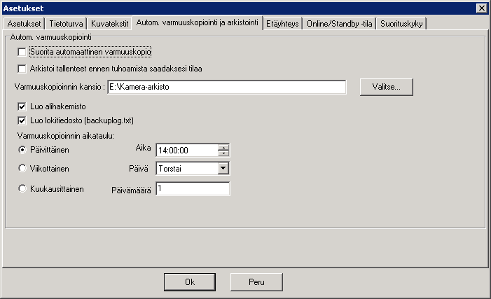 Automaattinen varmuuskopiointi ja arkistointi Netcam Watcher Professional voidaan asettaa tekemään automaattisesti varmuuskopioita kamerakonfiguraatioista ja tallenteista.