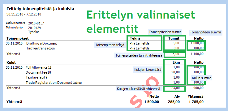 18 (/ 92) Laskun erittelyn lisäsarakkeet Laskun erittelyn lisäsarakkeet ovat valittavissa, kun käytetään toimenpide- ja kuluerittelyä, mutta ei haluta käyttää vakiomuotoista erittelyä.