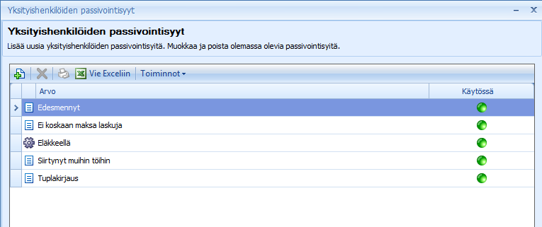 48 (/ 92) 5.1.3 Passivointisyyt Asiakasta passivoidessa pyytää ohjelmisto antamaan passivointisyyt. Passivointisyyt määritellään erikseen yritys- ja yksityisasiakkaille.