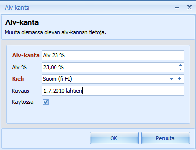 65 (/ 92) Uusi alv-kanta lisätään vihreäastä plussasta. Alv-kannalle annetaan otsikko ja laskennallinen arvo.