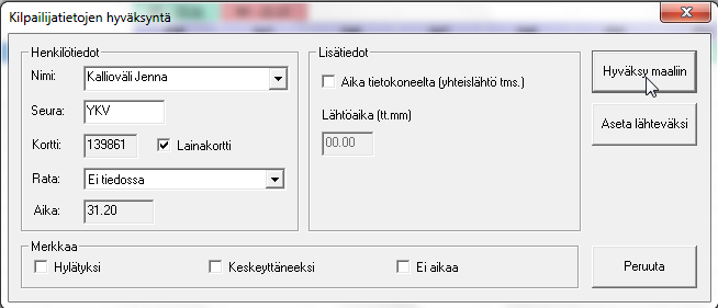 Kun suunnistaja tulee maaliin Jos tietoja ei ole luettu sisään ennakolta Kirjoita nimi Sukunimi Etunimi Paina Hyväksy maaliin (Ei aikaa täppä tarvittaessa) Jos emit korttia ei löytynyt tietokannasta,