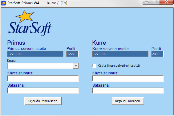 KURRE 7 Sivu 12/29 1.2.1 Käynnistäminen ja kirjautuminen Varmista, että Primuksen palvelinosa on käynnissä ja että sen versio on yhteensopiva Kurre-version kanssa.