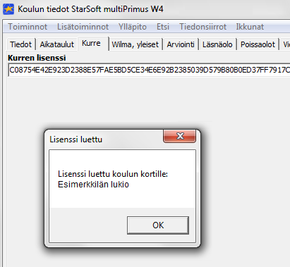 KURRE 7 Sivu 14/29 tallennettu, ja valitse juuri tämän koulun lisenssitiedosto (lic-tiedosto) ja vedä se hiirellä Primukseen kyseisen koulun rekisterikortin päälle (ks. kuva 4).