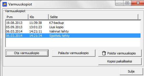 KURRE 7 Sivu 20/29 Kuva 6: Palvelimella olevat varmuuskopiot 1.4.