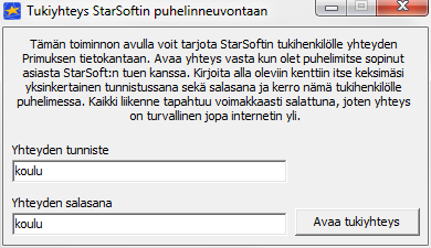 KURRE 7 Sivu 24/29 Tukipalvelun puhelinnumerot: Yleissivistävä koulutus: 06 320 2500 Ammatillinen koulutus: 06 320 2510 Ammattikorkeakoulutus: 06 320 2550 1.5.2 Tukiyhteys Primuksesta voi avata tukiyhteyden StarSoftin asiakastukeen internetin välityksellä.