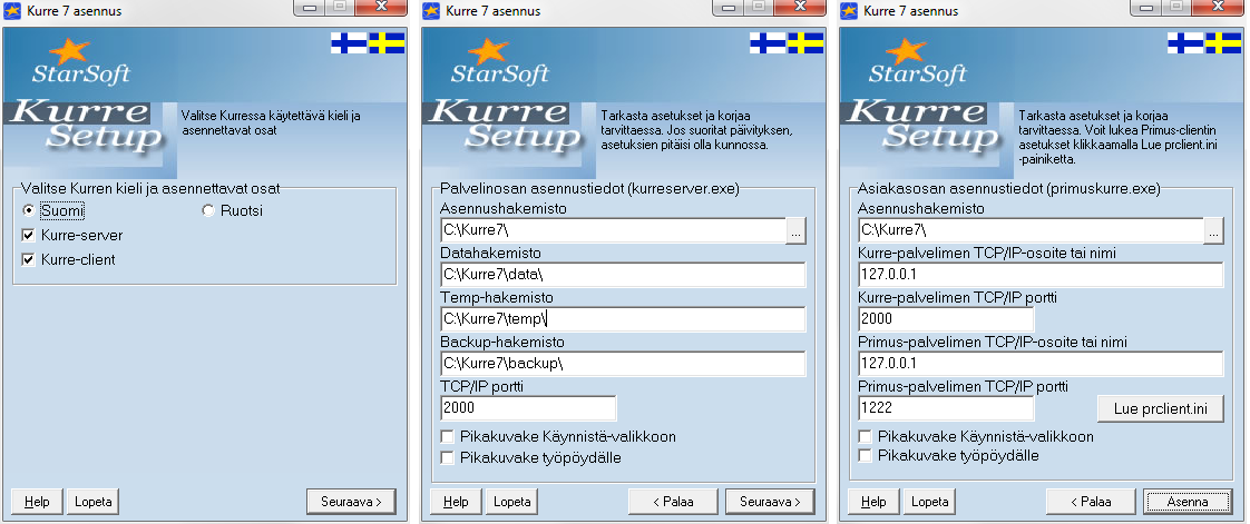 KURRE 7 Sivu 7/29 velinosan voi asentaa aina käynnissä olevaksi palveluksi (kurreservice.exe) tai erikseen käynnistettäväksi (kurreserver.exe). Kun Kurre otetaan käyttöön, korvataan Primuksen prclient.