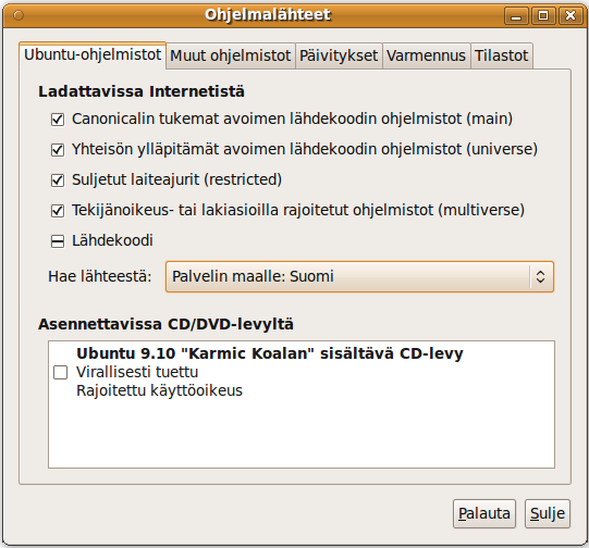 Ubuntu tutuksi/tulostettava versio 27 Ohjelmalähteet ja niiden lisääminen Ubuntun asennuksen jälkeen on käytettävissä vain tärkeimmät ohjelmalähteet joista löytyvät yleisimmin käytetyt perusohjelmat.