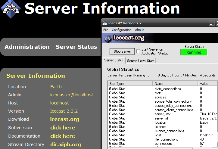 33 Kuva 12. Icecastin palvelin-käyttöliittymä. Icecast on julkaistu jo vuonna 1998. Tarkoituksena oli luoda mediapalvelin, joka voi toisen ohjelman avulla lähettää mediaa internetiin.