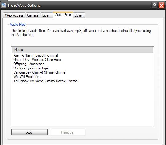 47 yhteydelle, joten se lasketaan minimiinsä. Sivulta voi myös määrittää käynnistyykö ohjelma, kun tietokone käynnistyy. Kuva 22. Broadwaven soittolista, johon lisätään soitettavat kappaleet.